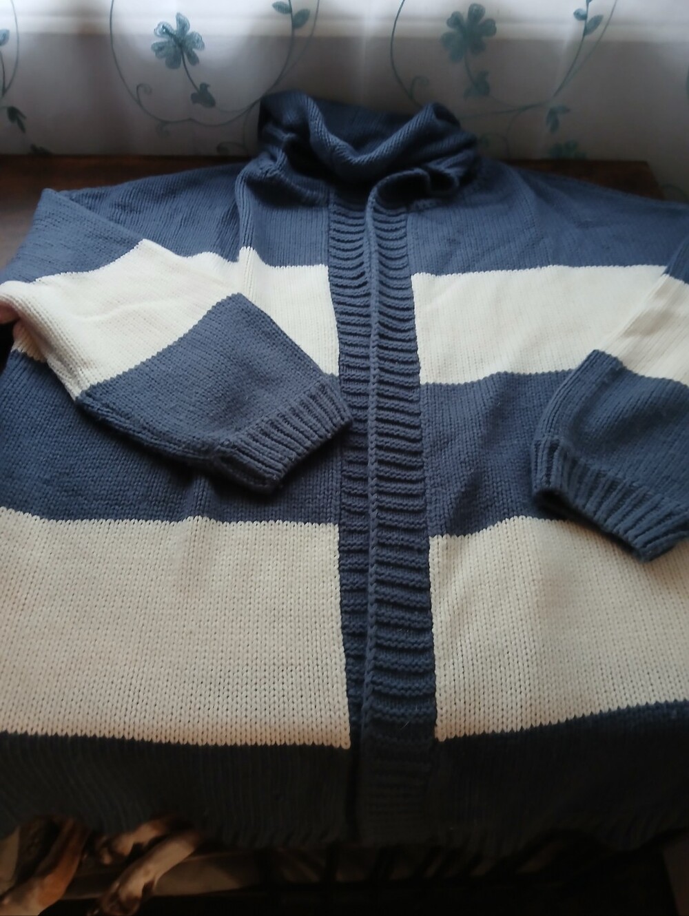 Women's Blue and Cream Striped Knit Sweater